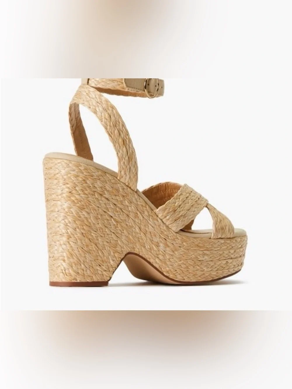 JustFab Mia Beige Braided Raffia Platform Sandals with Ankle Strap